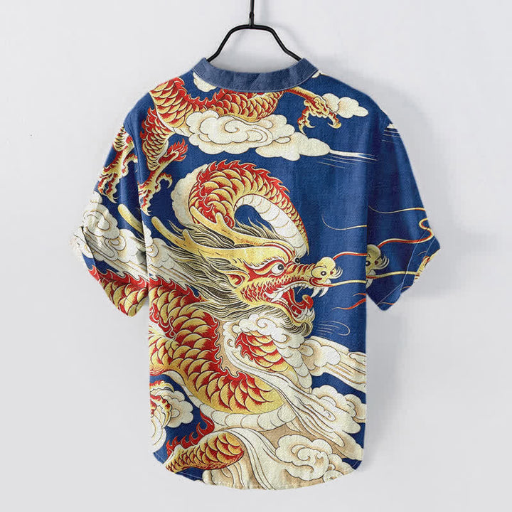 Buddha Stones Camicia da uomo a maniche corte con mezza abbottonatura, in cotone, con motivo drago dorato. - image 4
