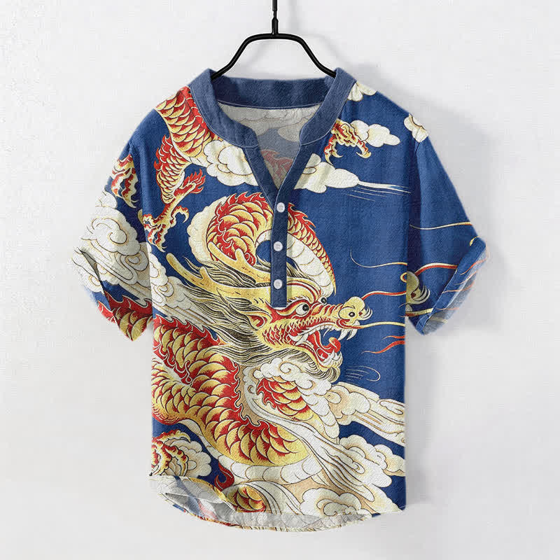 Buddha Stones Camicia da uomo a maniche corte con mezza abbottonatura, in cotone, con motivo drago dorato. - Blu reale - US/UK/AU50, EU60 (5XL) - image 3