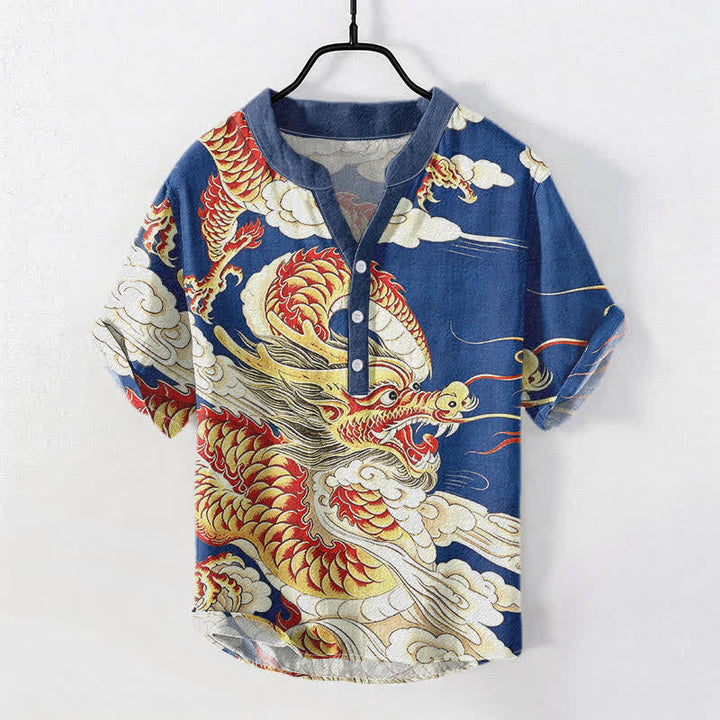 Buddha Stones Camicia da uomo a maniche corte con mezza abbottonatura, in cotone, con motivo drago dorato. - Blu reale - US/UK/AU50, EU60 (5XL) - image 3