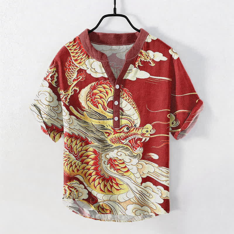 Buddha Stones Camicia da uomo a maniche corte con mezza abbottonatura, in cotone, con motivo drago dorato. - Cremisi - US/UK/AU50, EU60 (5XL) - image 5