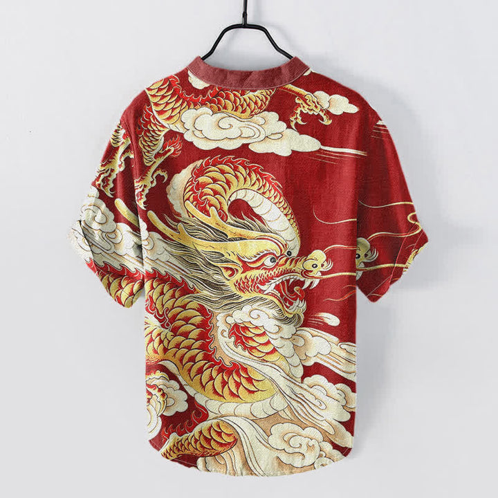 Buddha Stones Camicia da uomo a maniche corte con mezza abbottonatura, in cotone, con motivo drago dorato. - image 6