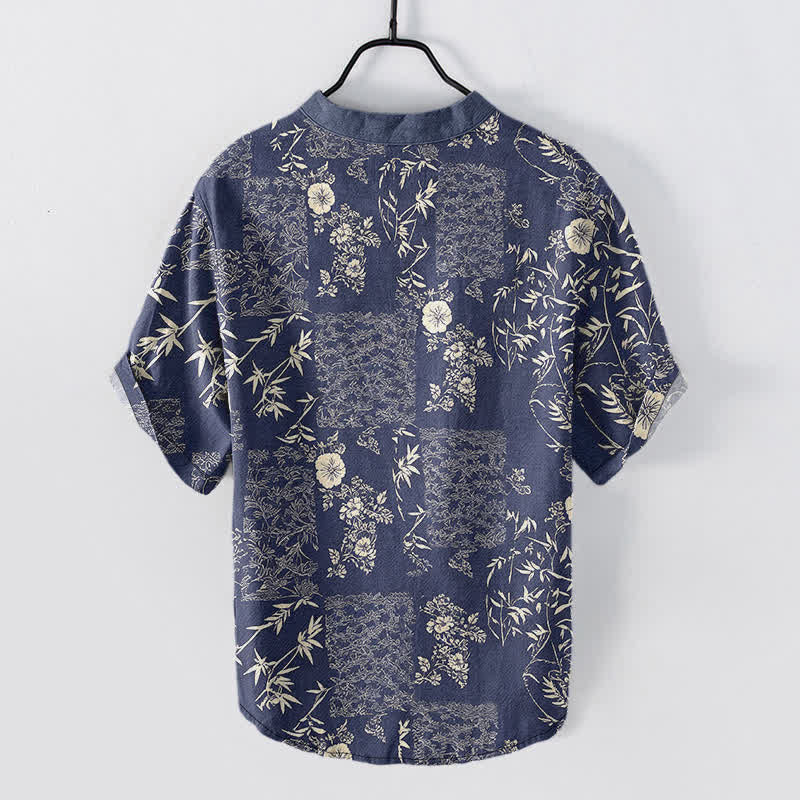Buddha Stones Camicia da uomo a maniche corte con mezza abbottonatura, in cotone e bambù, con motivo patchwork floreale. - image 1