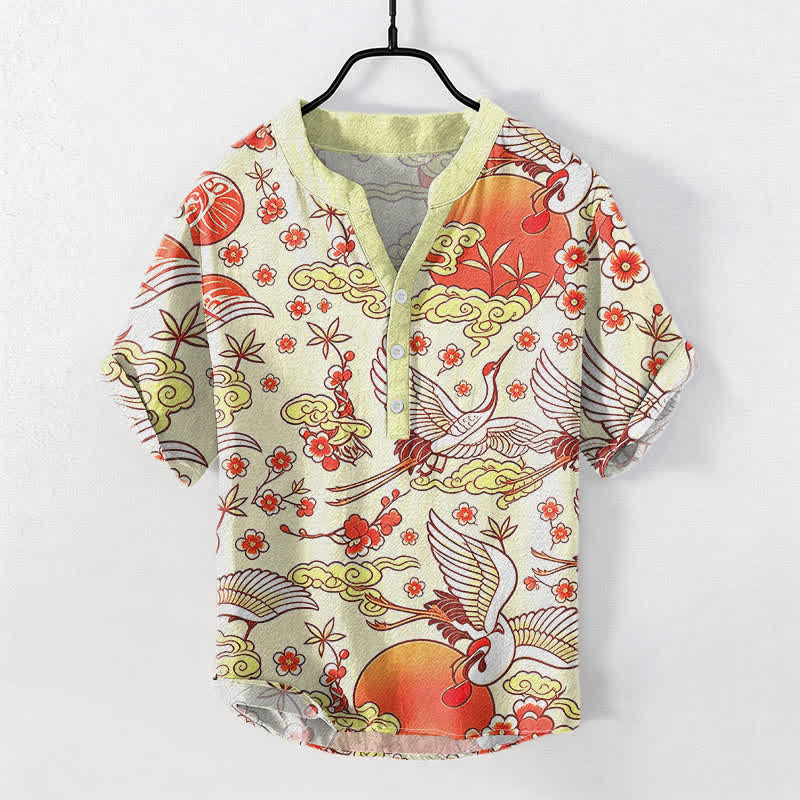 Buddha Stones Camicia da uomo a maniche corte con mezza abbottonatura, in puro cotone, con motivo floreale e gru, sole e nuvole. - Avorio - US/UK/AU50, EU60 (5XL) - image 3