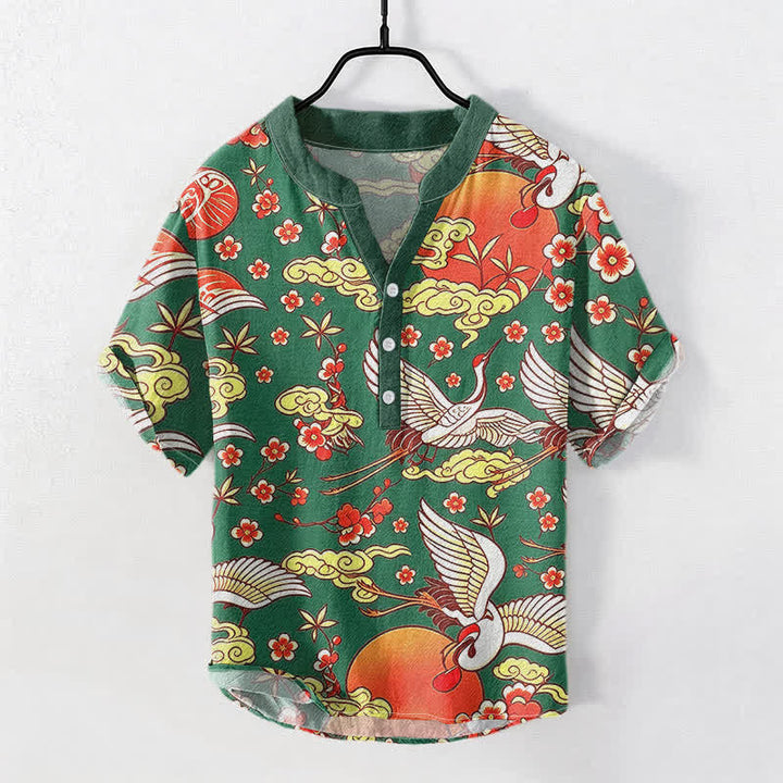 Buddha Stones Camicia da uomo a maniche corte con mezza abbottonatura, in puro cotone, con motivo floreale e gru, sole e nuvole. - Verde studentesco - US/UK/AU50, EU60 (5XL) - image 5
