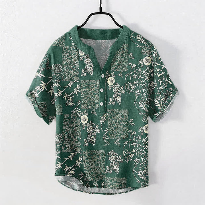 Buddha Stones Camicia da uomo a maniche corte con mezza abbottonatura, in cotone e bambù, con motivo patchwork floreale. - Verde studentesco - US/UK/AU50, EU60 (5XL) - image 5