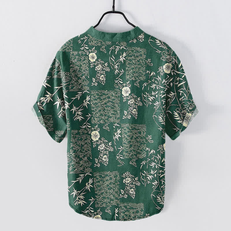 Buddha Stones Camicia da uomo a maniche corte con mezza abbottonatura, in cotone e bambù, con motivo patchwork floreale. - image 6