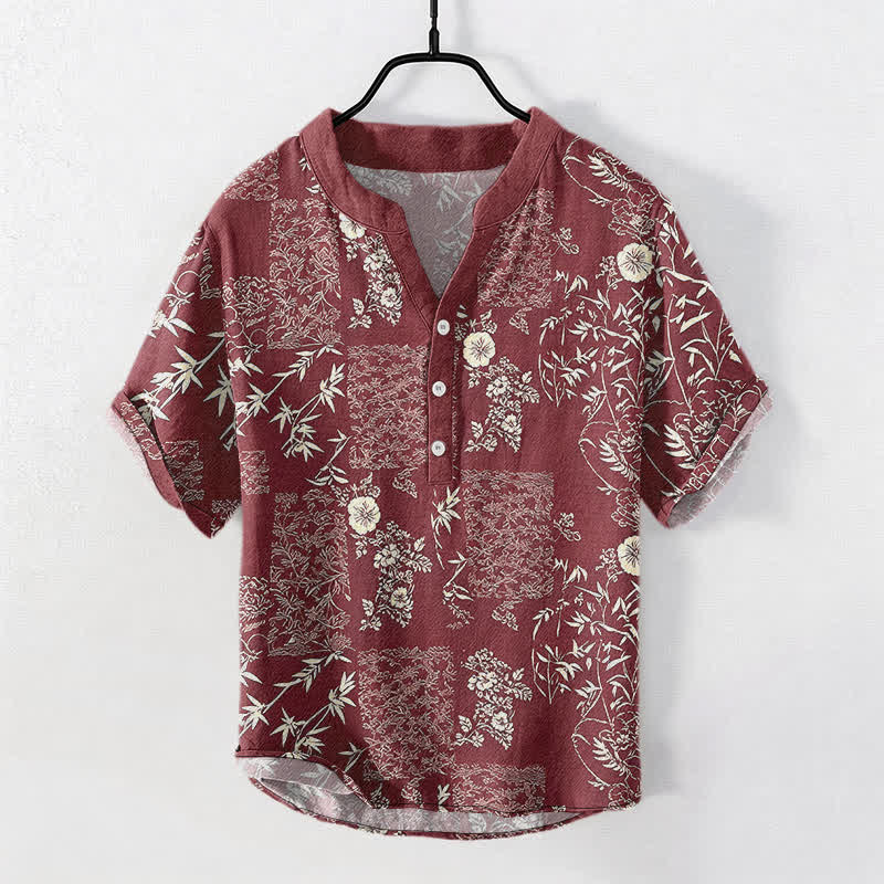 Buddha Stones Camicia da uomo a maniche corte con mezza abbottonatura, in cotone e bambù, con motivo patchwork floreale. - Marrone - US/UK/AU50, EU60 (5XL) - image 7