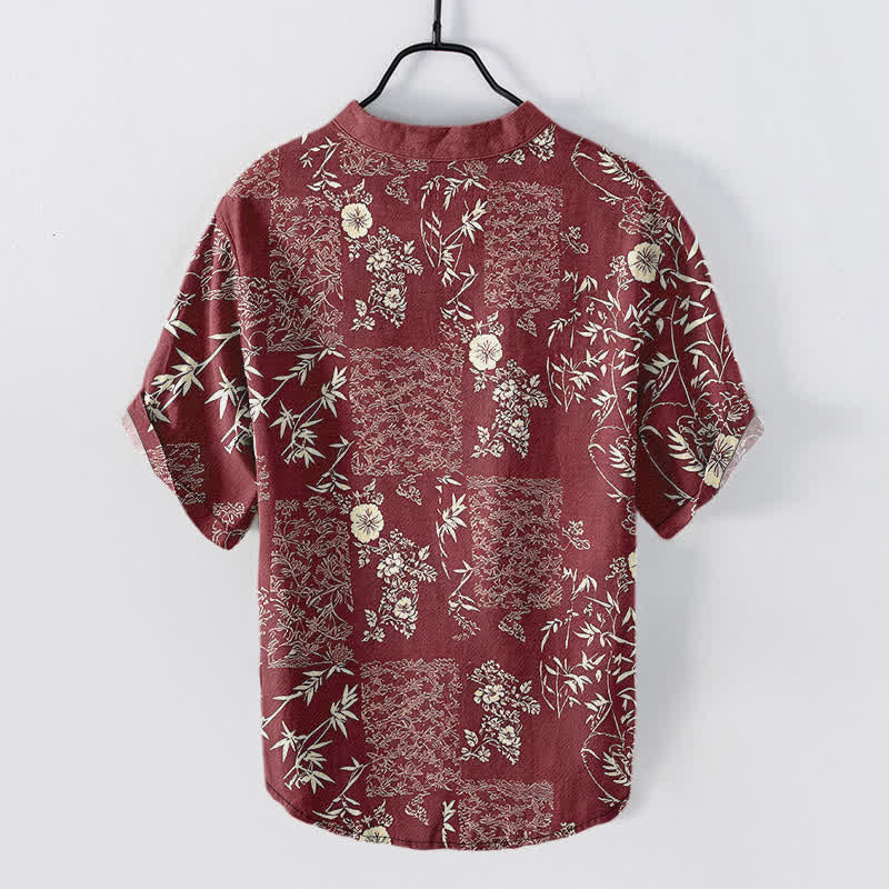 Buddha Stones Camicia da uomo a maniche corte con mezza abbottonatura, in cotone e bambù, con motivo patchwork floreale. - image 8