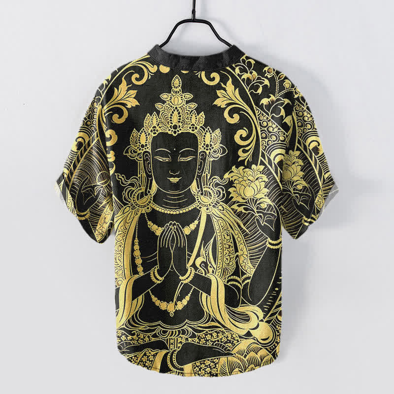 Buddha Stones Camicia da uomo a maniche corte con bottoni a metà, in cotone, con motivo a icona di Buddha dorato. - image 1