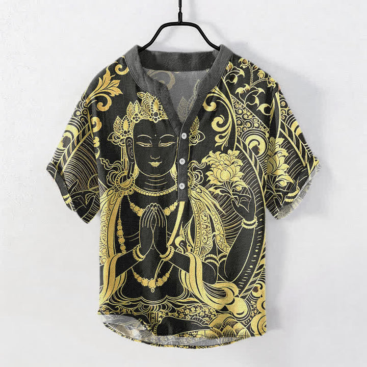 Buddha Stones Camicia da uomo a maniche corte con bottoni a metà, in cotone, con motivo a icona di Buddha dorato. - Nero - US/UK/AU50, EU60 (5XL) - image 0