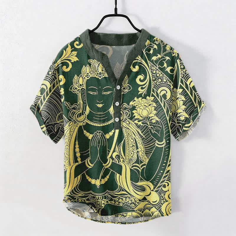 Buddha Stones Camicia da uomo a maniche corte con bottoni a metà, in cotone, con motivo a icona di Buddha dorato. - Verde studentesco - US/UK/AU50, EU60 (5XL) - image 5