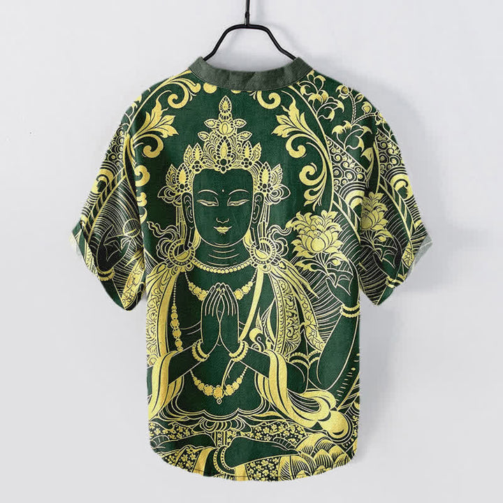 Buddha Stones Camicia da uomo a maniche corte con bottoni a metà, in cotone, con motivo a icona di Buddha dorato. - image 6