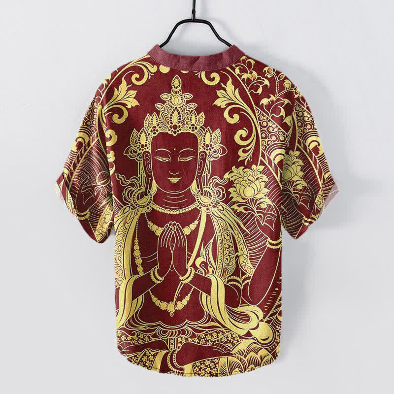 Buddha Stones Camicia da uomo a maniche corte con bottoni a metà, in cotone, con motivo a icona di Buddha dorato. - image 8