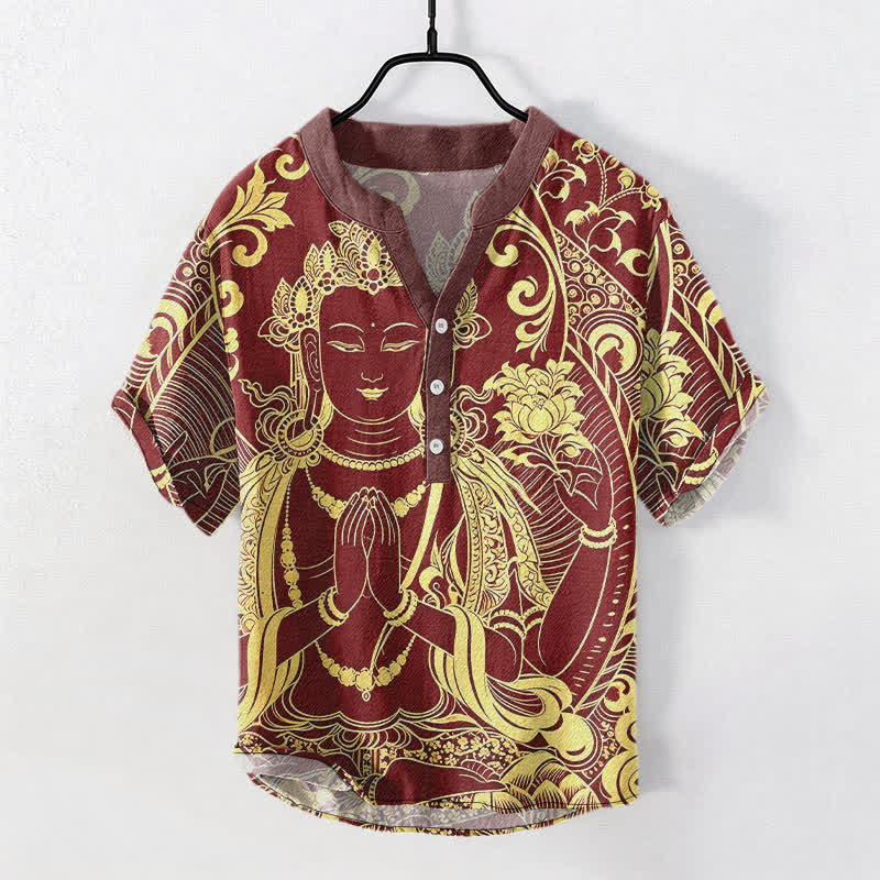 Buddha Stones Camicia da uomo a maniche corte con bottoni a metà, in cotone, con motivo a icona di Buddha dorato. - Marrone - US/UK/AU50, EU60 (5XL) - image 7