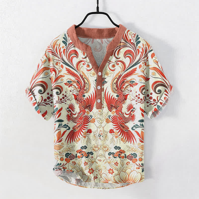Buddha Stones Camicia da uomo a maniche corte con mezza abbottonatura, in cotone, con motivo floreale simmetrico a fenice. - Avorio - US/UK/AU50, EU60 (5XL) - image 0