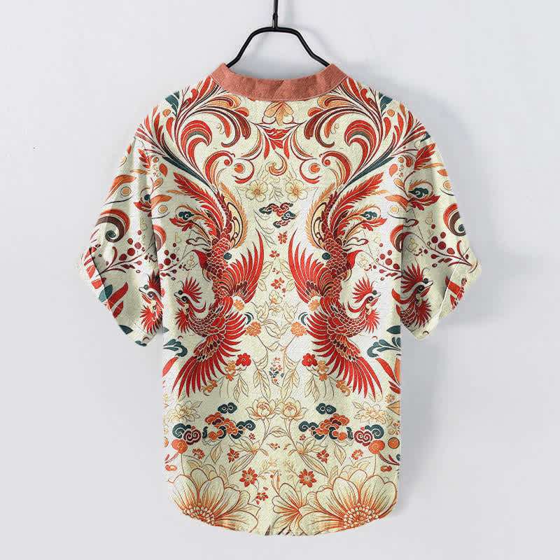 Buddha Stones Camicia da uomo a maniche corte con mezza abbottonatura, in cotone, con motivo floreale simmetrico a fenice. - image 1