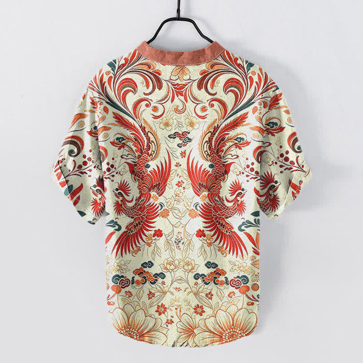 Buddha Stones Camicia da uomo a maniche corte con mezza abbottonatura, in cotone, con motivo floreale simmetrico a fenice. - image 1