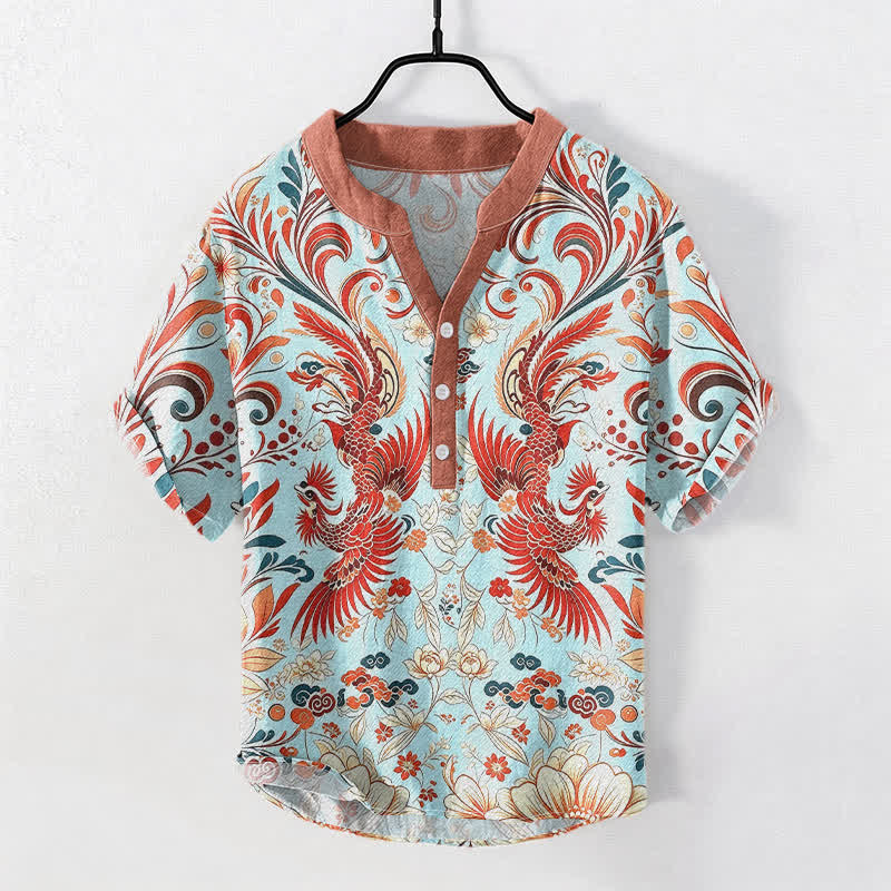 Buddha Stones Camicia da uomo a maniche corte con mezza abbottonatura, in cotone, con motivo floreale simmetrico a fenice. - Turchese pallido - US/UK/AU50, EU60 (5XL) - image 3