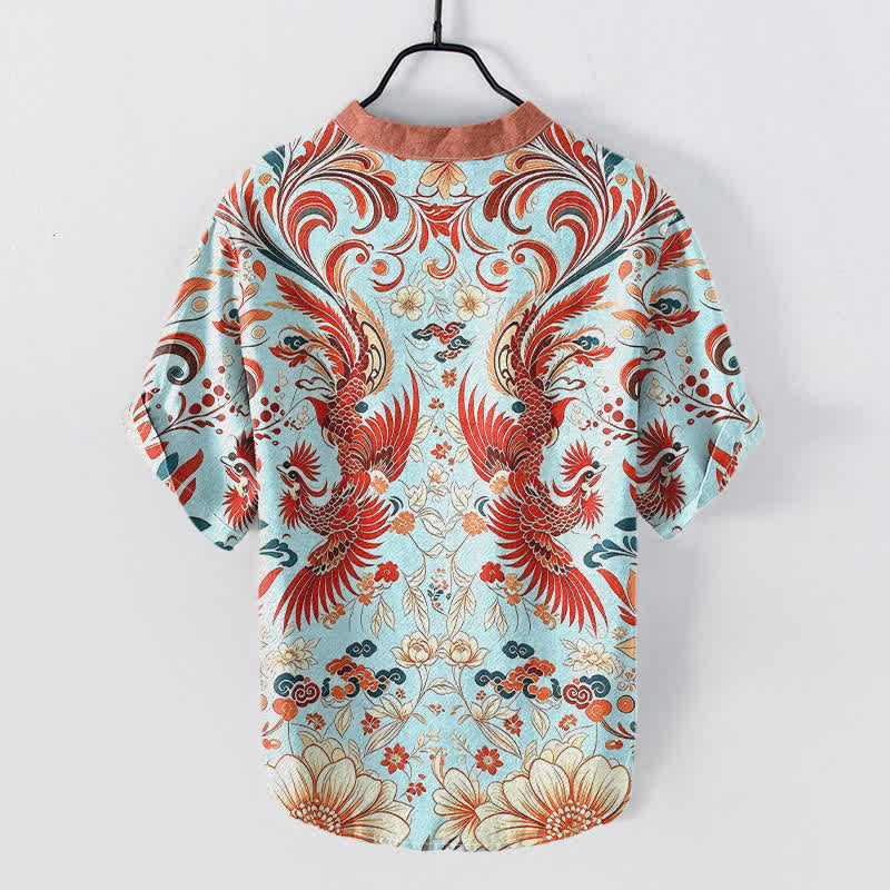 Buddha Stones Camicia da uomo a maniche corte con mezza abbottonatura, in cotone, con motivo floreale simmetrico a fenice. - image 4