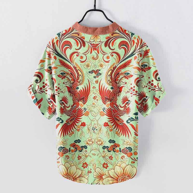Buddha Stones Camicia da uomo a maniche corte con mezza abbottonatura, in cotone, con motivo floreale simmetrico a fenice. - image 6