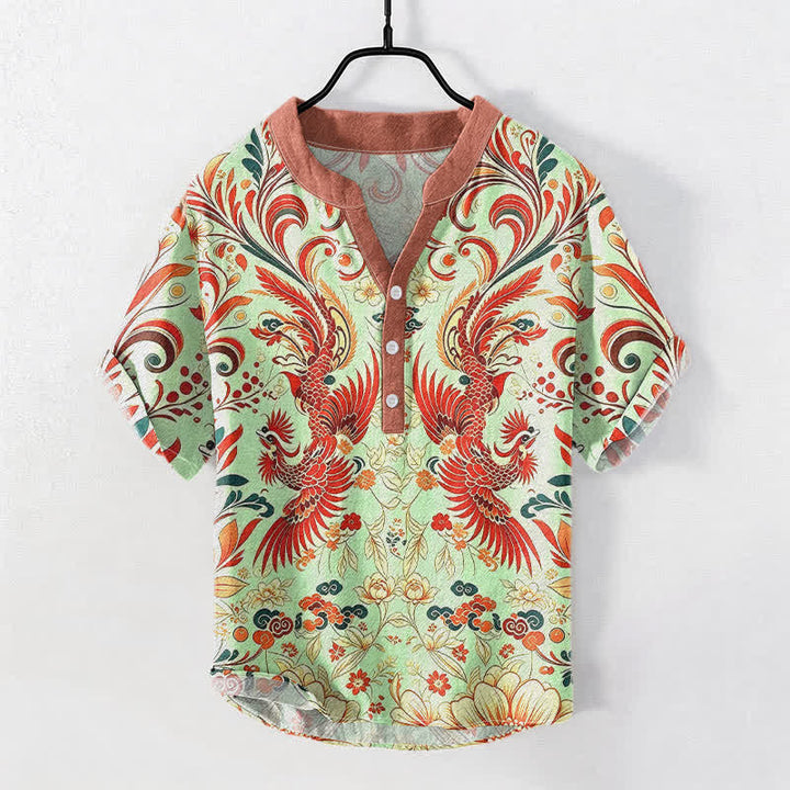 Buddha Stones Camicia da uomo a maniche corte con mezza abbottonatura, in cotone, con motivo floreale simmetrico a fenice. - Crema alla menta - US/UK/AU50, EU60 (5XL) - image 5