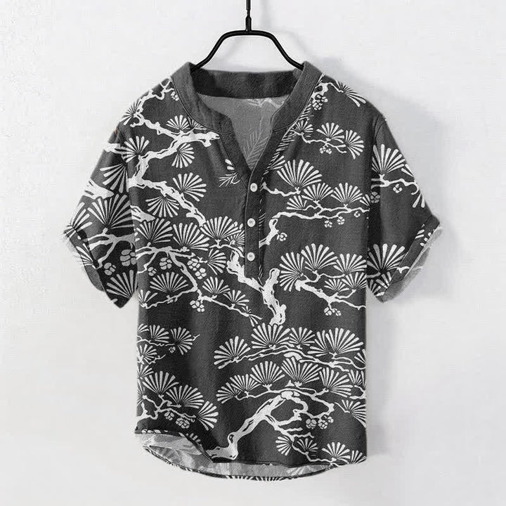 Buddha Stones Camicia da uomo a maniche corte con mezza abbottonatura, in cotone bianco con motivo botanico aghi di pino. - Nero - US/UK/AU50, EU60 (5XL) - image 0