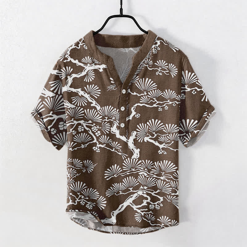Buddha Stones Camicia da uomo a maniche corte con mezza abbottonatura, in cotone bianco con motivo botanico aghi di pino. - Marrone sella - US/UK/AU50, EU60 (5XL) - image 5
