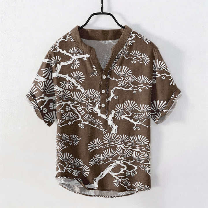 Buddha Stones Camicia da uomo a maniche corte con mezza abbottonatura, in cotone bianco con motivo botanico aghi di pino. - Marrone sella - US/UK/AU50, EU60 (5XL) - image 5