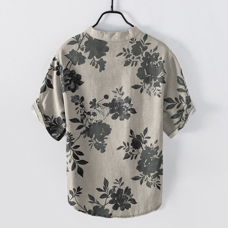 Buddha Stones Camicia da uomo a maniche corte, oversize, in cotone, con fantasia floreale color antracite e mezza abbottonatura frontale. - image 1