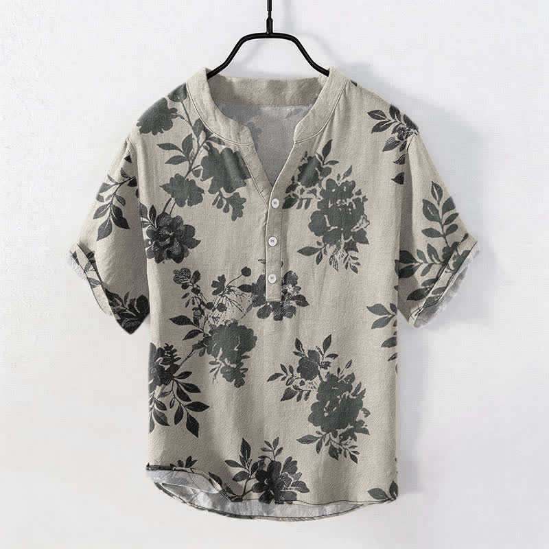 Buddha Stones Camicia da uomo a maniche corte, oversize, in cotone, con fantasia floreale color antracite e mezza abbottonatura frontale. - Grigio chiaro - US/UK/AU50, EU60 (5XL) - image 0