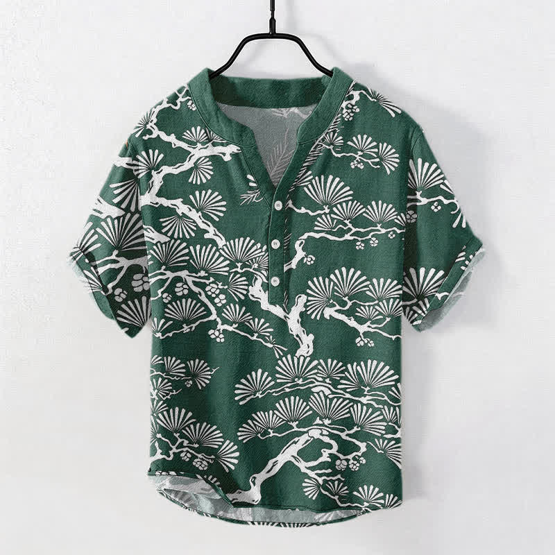 Buddha Stones Camicia da uomo a maniche corte con mezza abbottonatura, in cotone bianco con motivo botanico aghi di pino. - Verde mare - US/UK/AU50, EU60 (5XL) - image 7