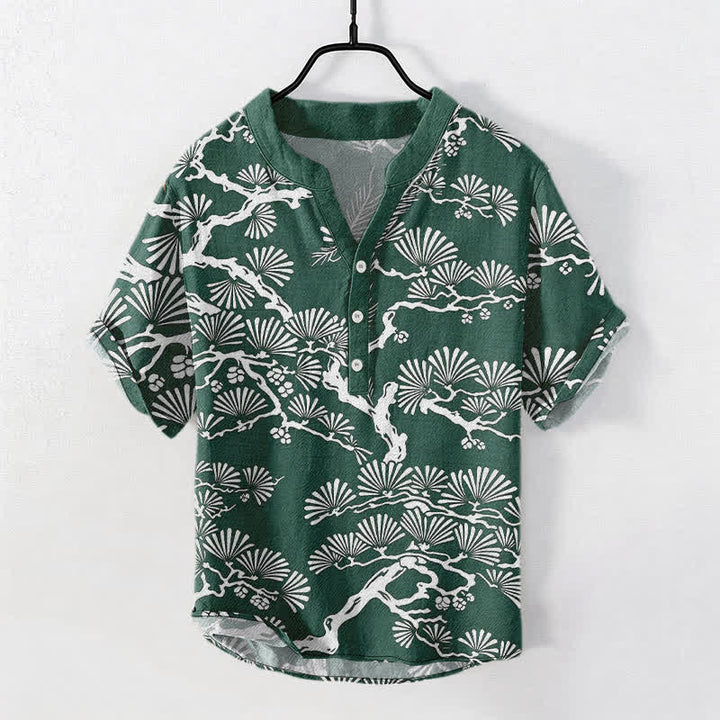 Buddha Stones Camicia da uomo a maniche corte con mezza abbottonatura, in cotone bianco con motivo botanico aghi di pino. - Verde mare - US/UK/AU50, EU60 (5XL) - image 7
