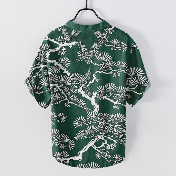 Buddha Stones Camicia da uomo a maniche corte con mezza abbottonatura, in cotone bianco con motivo botanico aghi di pino. - image 8