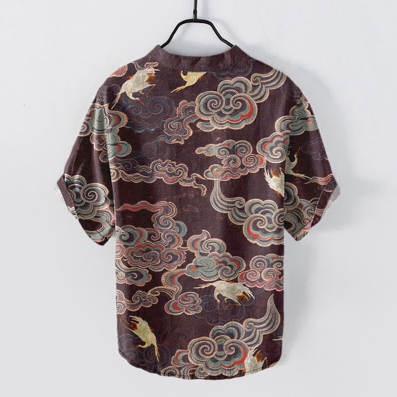 Buddha Stones Camicia da uomo a maniche corte con mezza abbottonatura e motivo di pesci koi e loto in cotone. - image 8