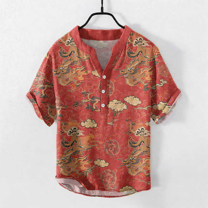 Buddha Stones Camicia da uomo a maniche corte con mezzo bottone, in cotone, con motivo drago dorato e nuvole. - Corallo - US/UK/AU50, EU60 (5XL) - image 0