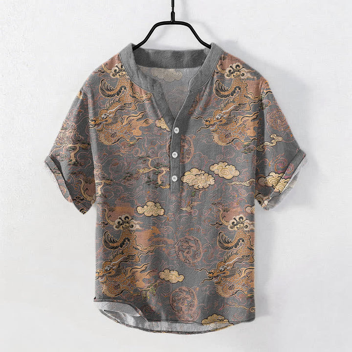 Buddha Stones Camicia da uomo a maniche corte con mezzo bottone, in cotone, con motivo drago dorato e nuvole. - Grigio - US/UK/AU50, EU60 (5XL) - image 5