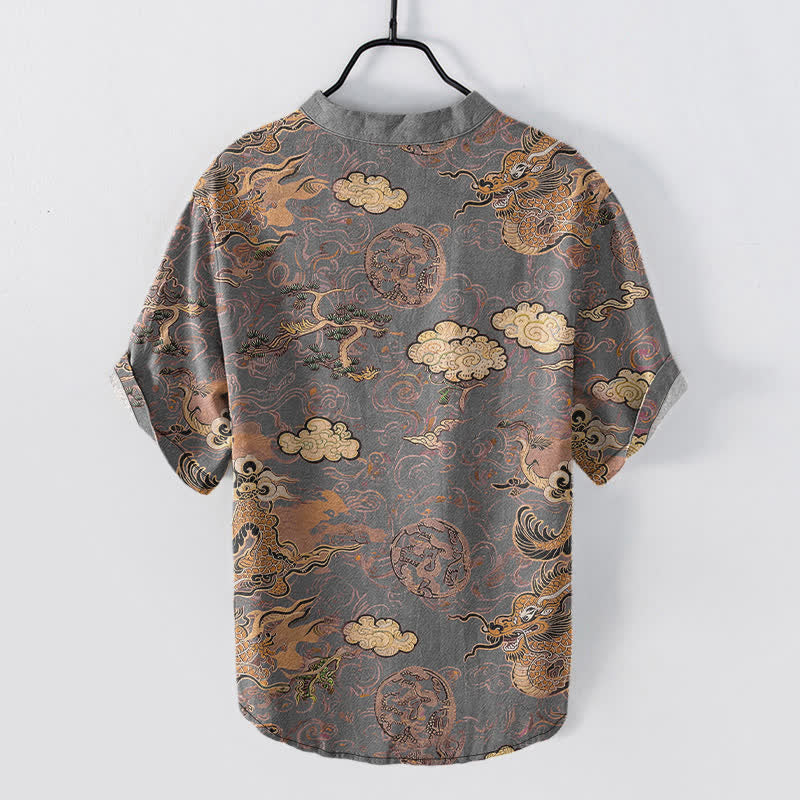 Buddha Stones Camicia da uomo a maniche corte con mezzo bottone, in cotone, con motivo drago dorato e nuvole. - image 6