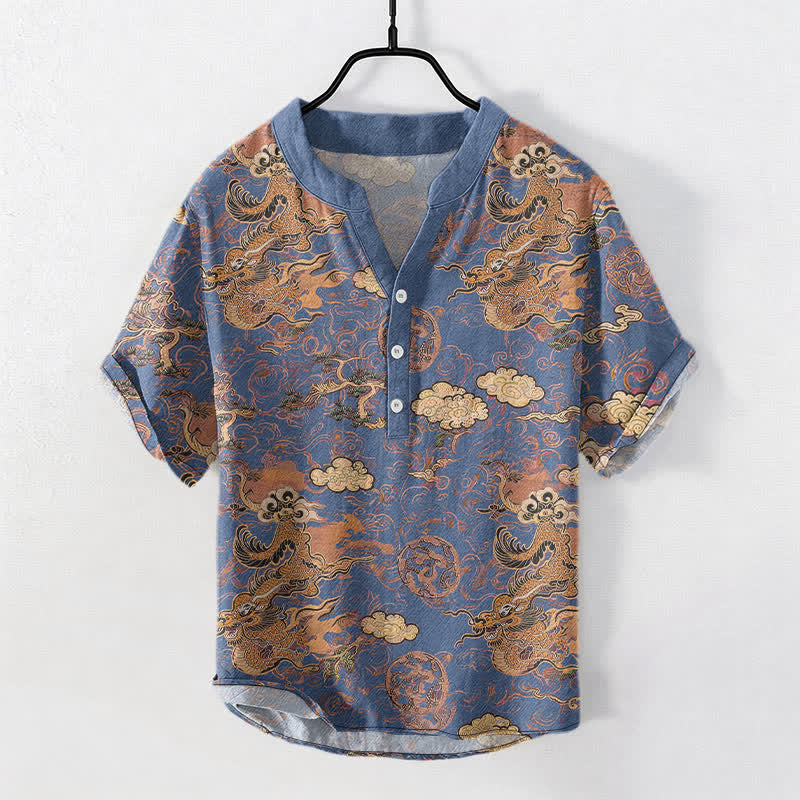 Buddha Stones Camicia da uomo a maniche corte con mezzo bottone, in cotone, con motivo drago dorato e nuvole. - SteelBlue - US/UK/AU50, EU60 (5XL) - image 7