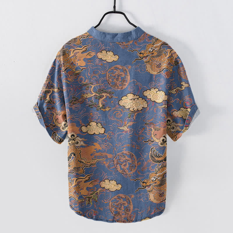 Buddha Stones Camicia da uomo a maniche corte con mezzo bottone, in cotone, con motivo drago dorato e nuvole. - image 8