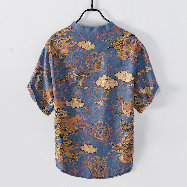 Buddha Stones Camicia da uomo a maniche corte con mezzo bottone, in cotone, con motivo drago dorato e nuvole. - image 8