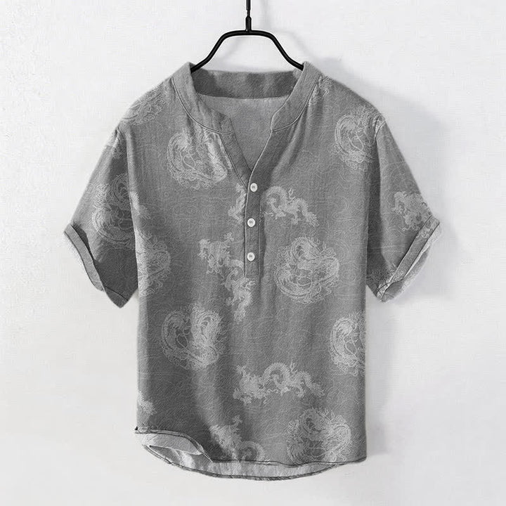 Buddha Stones Camicia da uomo a maniche corte con mezzo bottone, in cotone, con motivo drago indaco sbiadito. - Grigio - US/UK/AU50, EU60 (5XL) - image 5