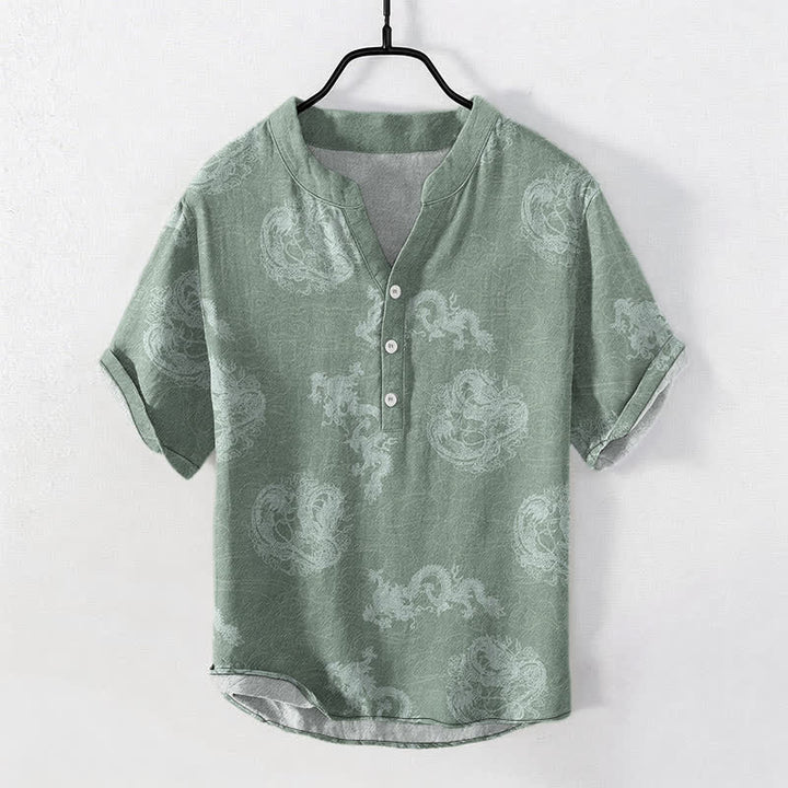 Buddha Stones Camicia da uomo a maniche corte con mezzo bottone, in cotone, con motivo drago indaco sbiadito. - Verde chiaro - US/UK/AU50, EU60 (5XL) - image 7