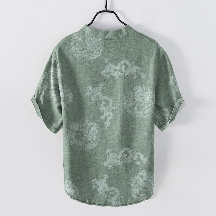 Buddha Stones Camicia da uomo a maniche corte con mezzo bottone, in cotone, con motivo drago indaco sbiadito. - image 8