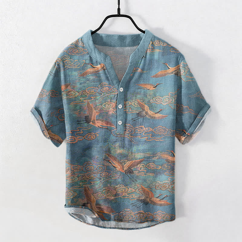 Buddha Stones Camicia da uomo a maniche corte con mezza abbottonatura, in cotone, con motivo gru volanti e nuvole. - Verde Mare Chiaro - US/UK/AU50, EU60 (5XL) - image 0