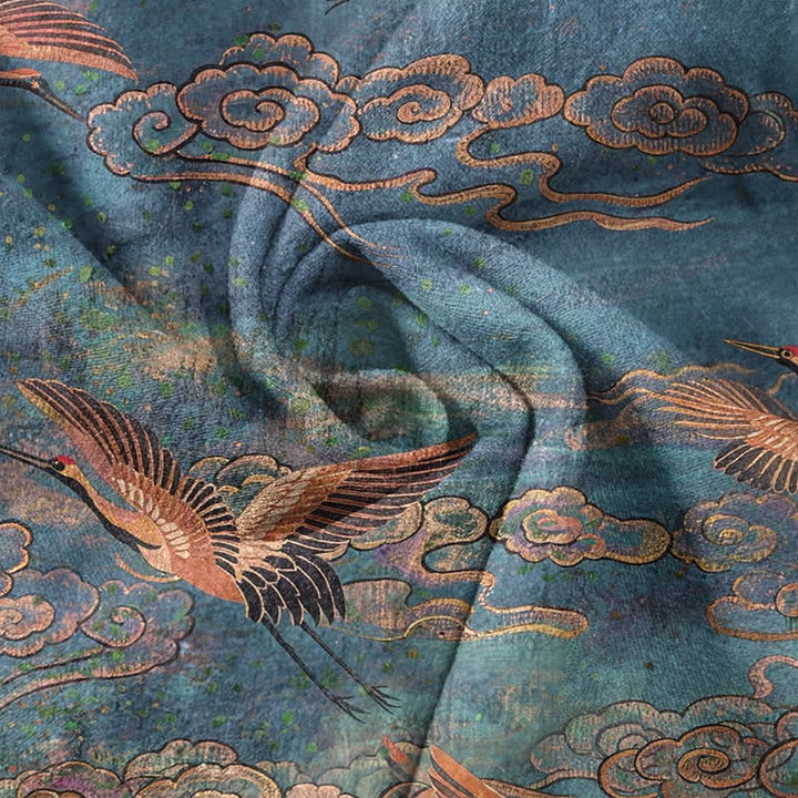 Buddha Stones Camicia da uomo a maniche corte con mezza abbottonatura, in cotone, con motivo gru volanti e nuvole. - image 4