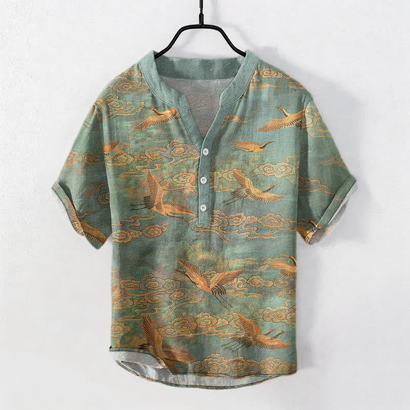 Buddha Stones Camicia da uomo a maniche corte con mezza abbottonatura, in cotone, con motivo gru volanti e nuvole. - Verde mare - US/UK/AU50, EU60 (5XL) - image 5