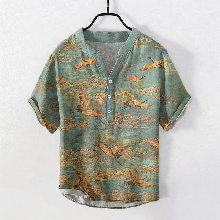 Buddha Stones Camicia da uomo a maniche corte con mezza abbottonatura, in cotone, con motivo gru volanti e nuvole. - Verde mare - US/UK/AU50, EU60 (5XL) - image 5