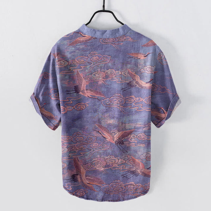 Buddha Stones Camicia da uomo a maniche corte con mezza abbottonatura, in cotone, con motivo gru volanti e nuvole. - image 8