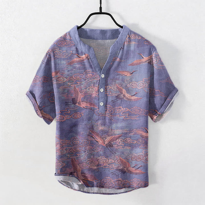 Buddha Stones Camicia da uomo a maniche corte con mezza abbottonatura, in cotone, con motivo gru volanti e nuvole. - Viola medio - US/UK/AU50, EU60 (5XL) - image 7