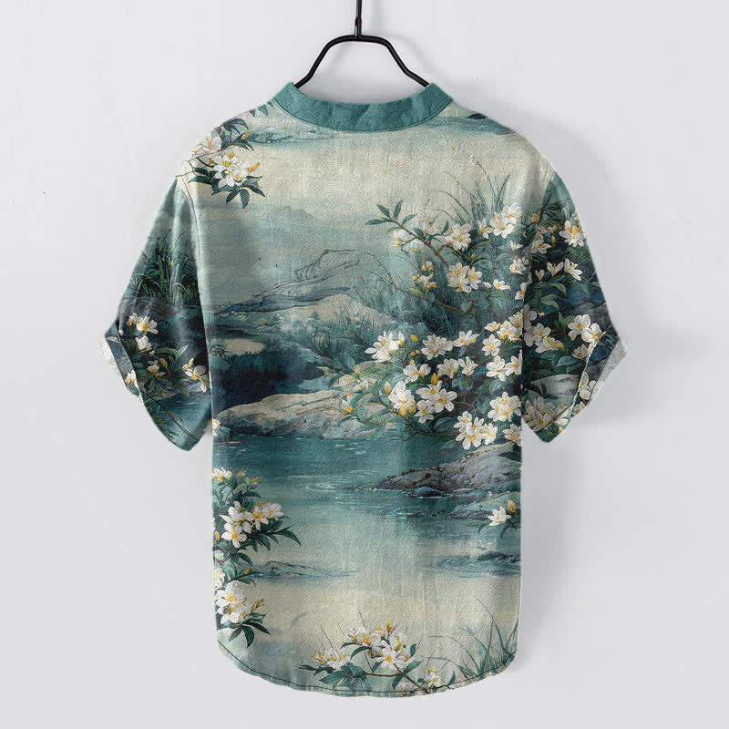 Buddha Stones Camicia da uomo a maniche corte con mezza abbottonatura, in cotone, con motivo floreale acquerellato. - image 1
